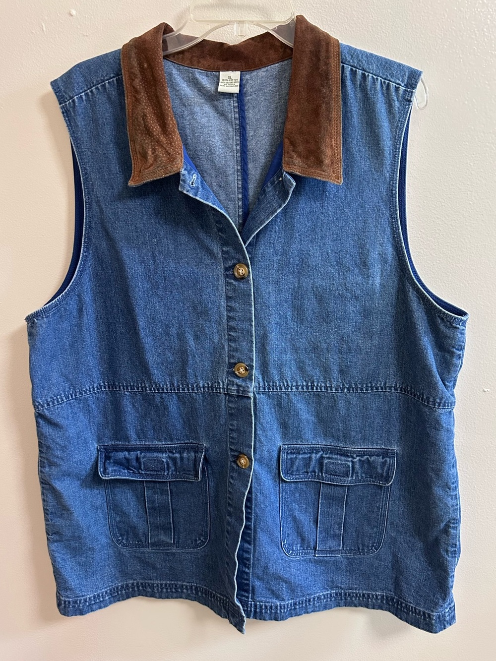 VTG 90s Blue Denim Utility Vest Brown Contrast Collar Women's XL Cargo Pocket - Picture 2 of 8